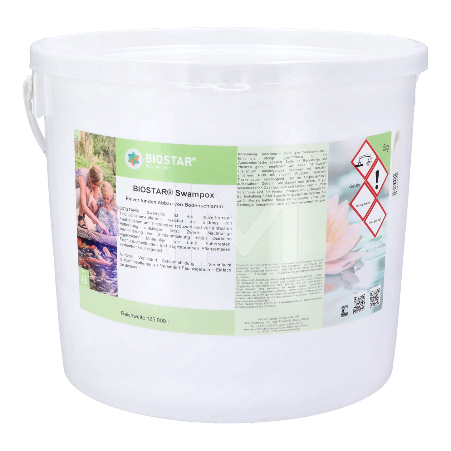 Large white bucket of pond sludge remover powder, labeled for pool and pond cleaning use