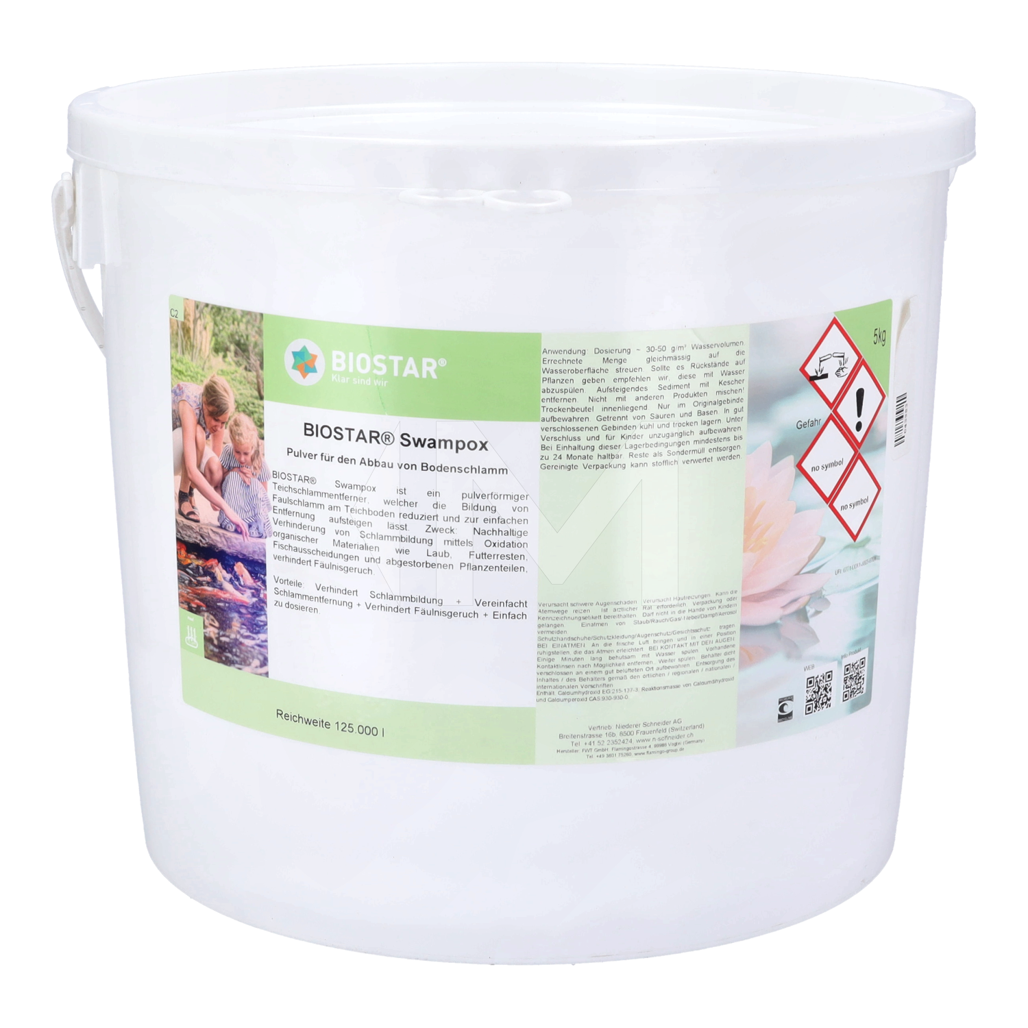 Large white bucket of pond sludge remover powder, labeled for pool and pond cleaning use