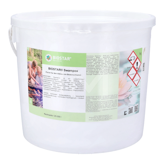 Large white bucket of pond sludge remover powder, labeled for pool and pond cleaning use