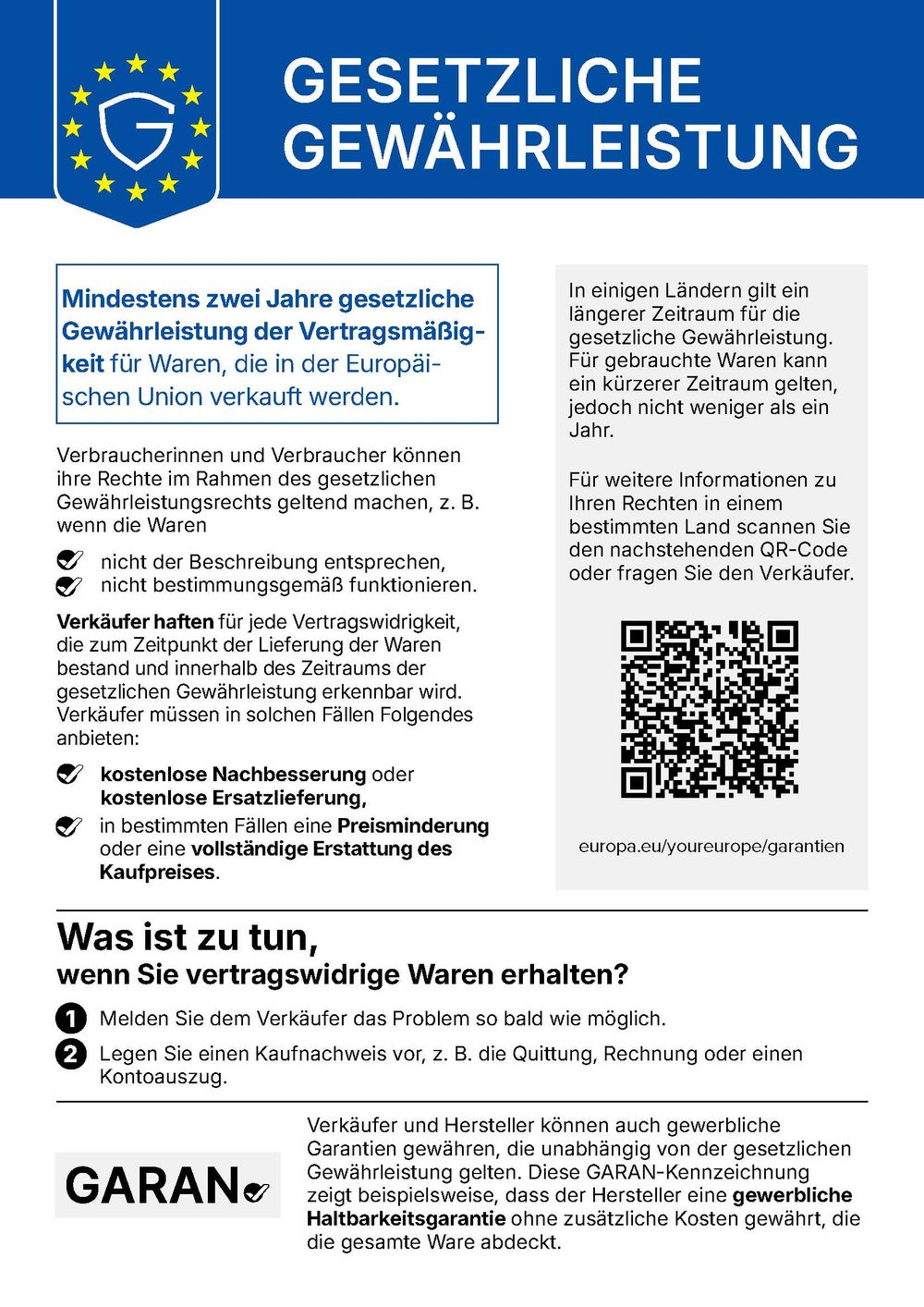 Gesetzliche Gewährleistung – mindestens zwei Jahre gesetzliche Gewährleistung für Waren, die in der EU verkauft werden