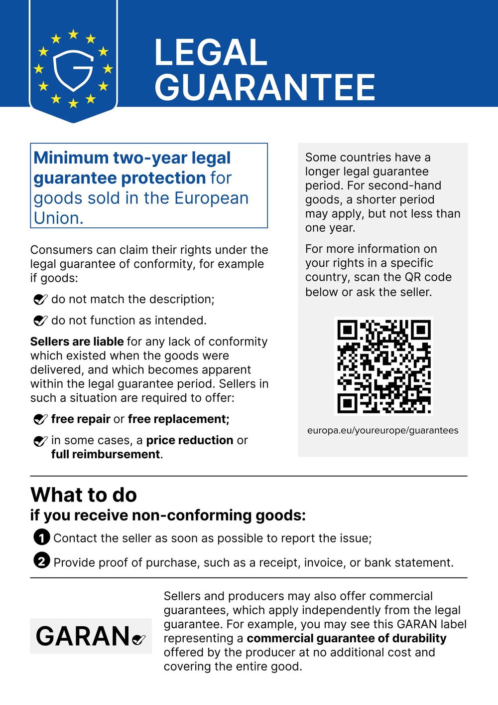 Legal guarantee – minimum two-year legal guarantee protection for goods sold in the EU